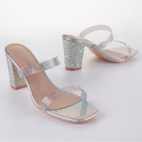 NWT LALA IKAI Women's Square Toe Heels, Sandals, Clear Straps With Rhinestones - Picture 1 of 15